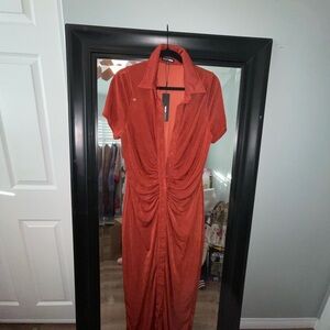 Fashion Nova Rust Button-Front Ruched Midi Dress